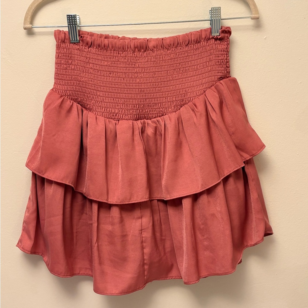 Dee Elly Pink Tiered Ruffle Shirred Waist Mini Skirt Sz Small Preowned - Picture 2 of 5